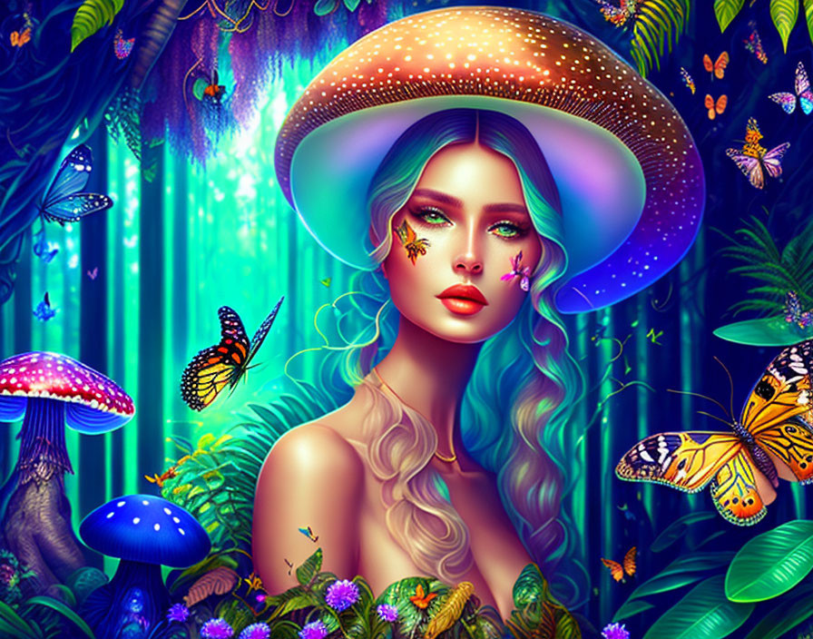 Vibrant digital artwork: woman in mushroom hat, forest, butterflies