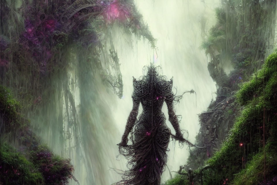 Enigmatic vine humanoid in mystical forest scene