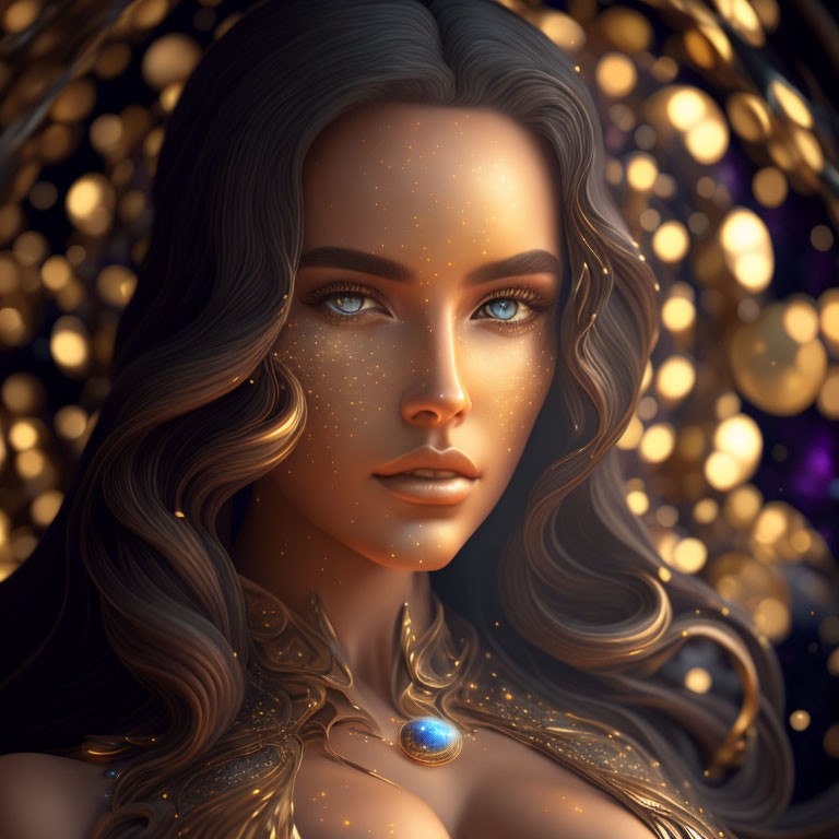 Portrait of woman with blue eyes, freckles, wavy hair, and blue necklace on golden