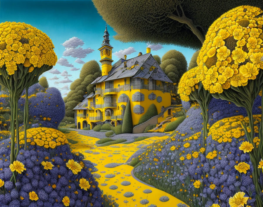 Whimsical yellow house in surreal landscape with oversized flowers