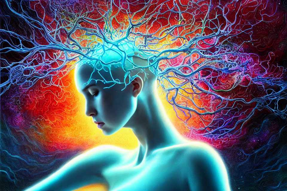 Colorful artwork: woman with tree-like neural network in cosmic setting