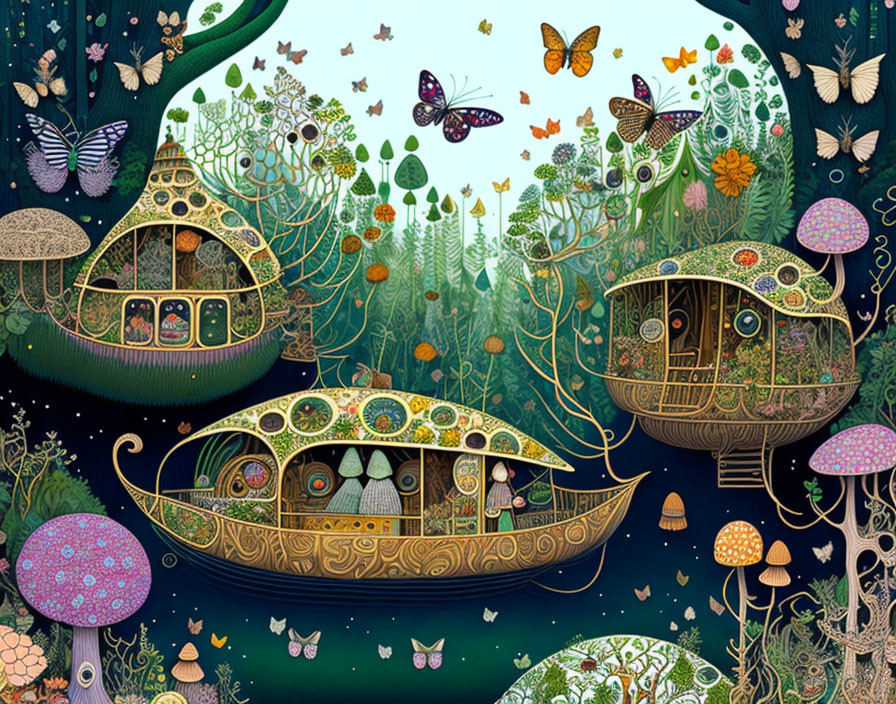 Magical forest illustration with butterflies, mushroom houses, boat, and lush vegetation.