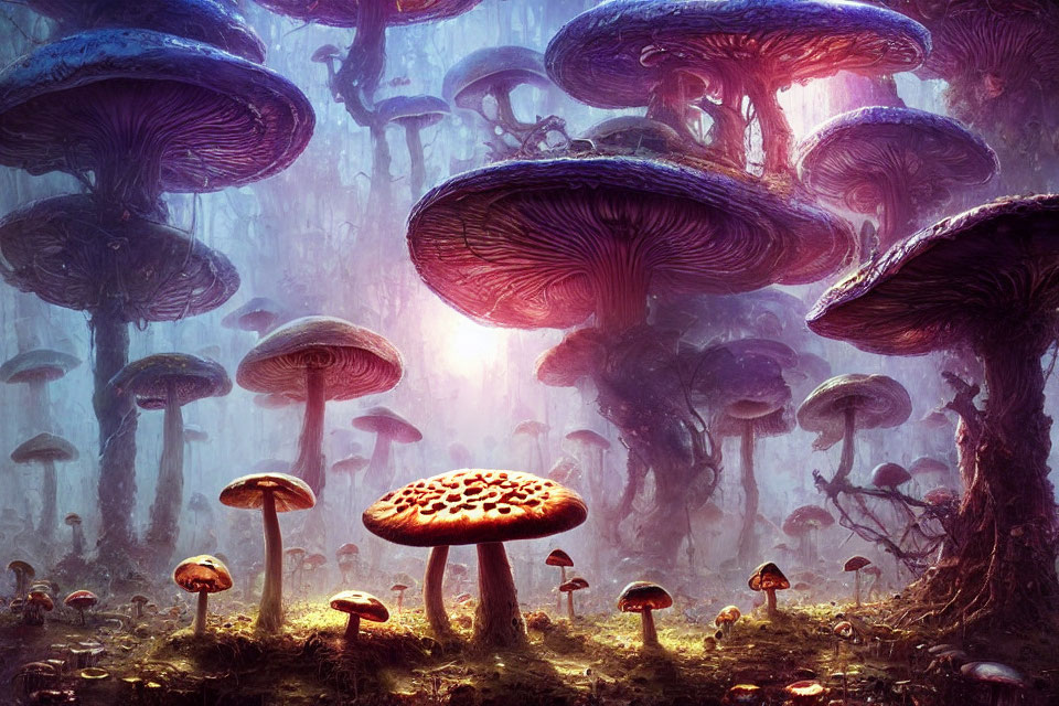 Colorful Oversized Mushrooms in Vibrant Forest Setting