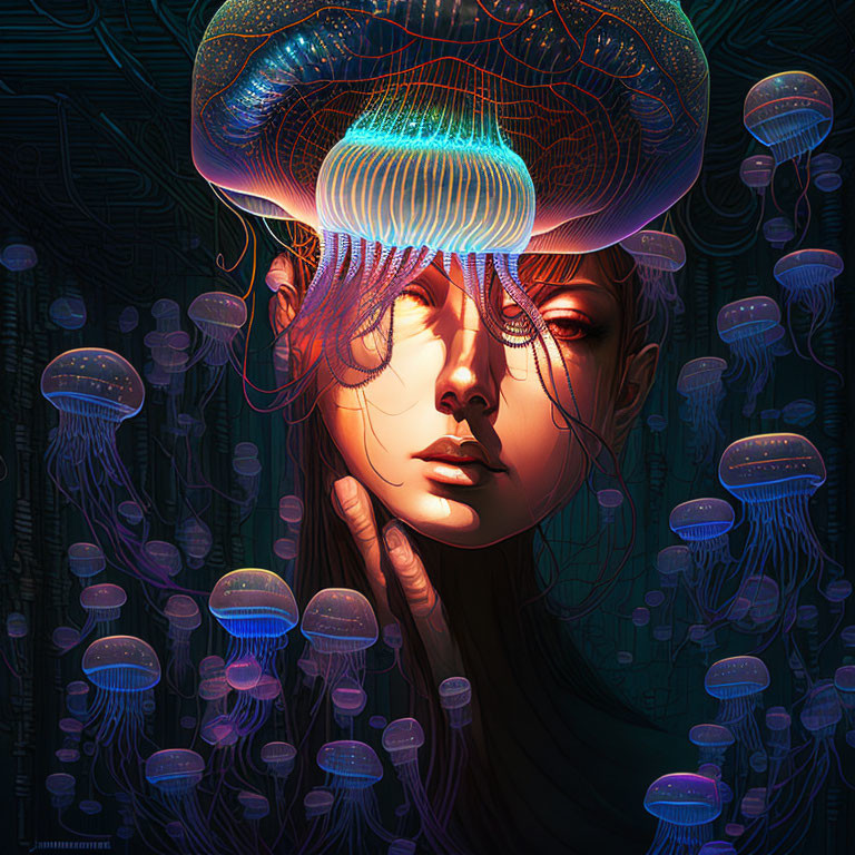 Colorful jellyfish partially obscure woman's face in digital art