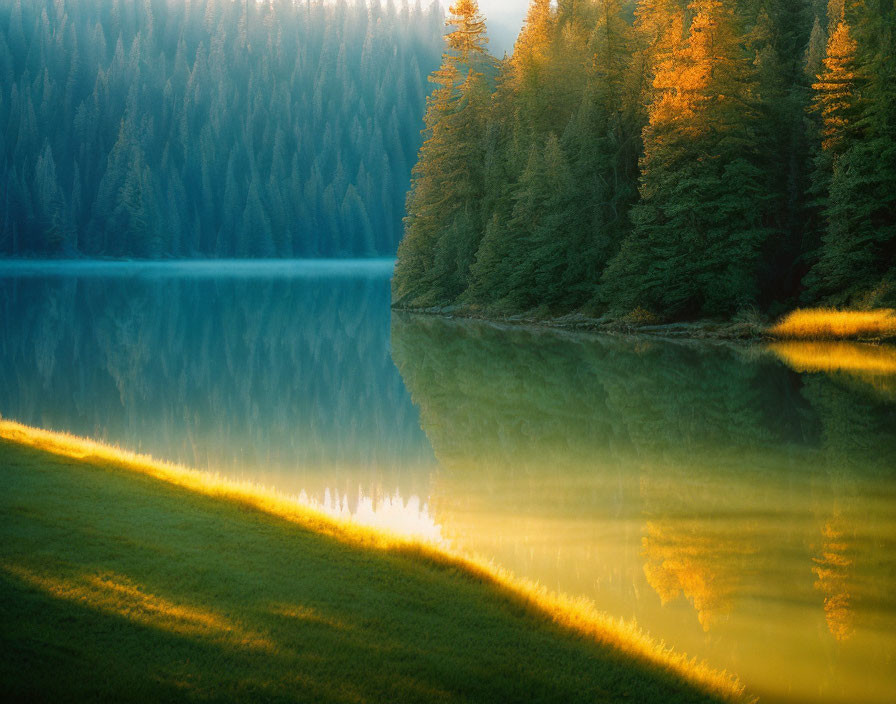 Serene Lake Reflecting Forest in Warm Sunlight