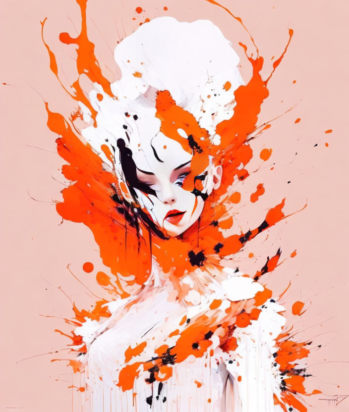 Illustration of woman with white hair obscured by orange and red splashes on pink background