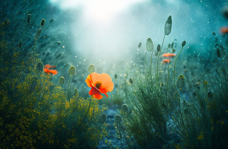 Vibrant orange poppy in dreamy green field with wildflowers