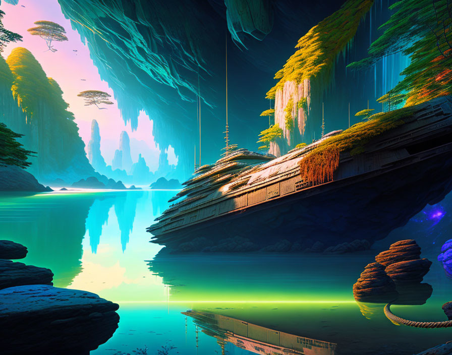 Alien landscape with crashed spaceship, rock formations, lush vegetation, and blue water.