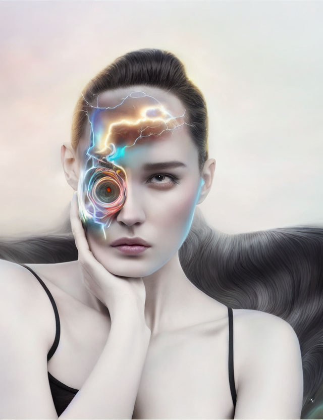 Cybernetic woman with eye and brain interface, human and mechanical blend