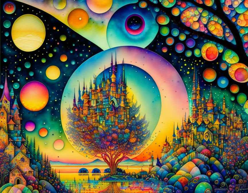 Colorful psychedelic artwork of a fantastical castle on a cosmic hill