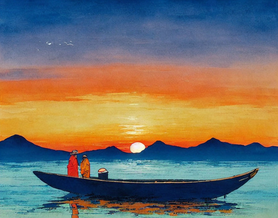 Boat with two people at sunset, orange hues on water, mountain silhouette