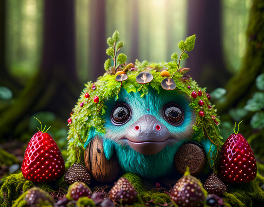 Colorful Blue Fur Creature Surrounded by Strawberries and Pine Cones in Forest