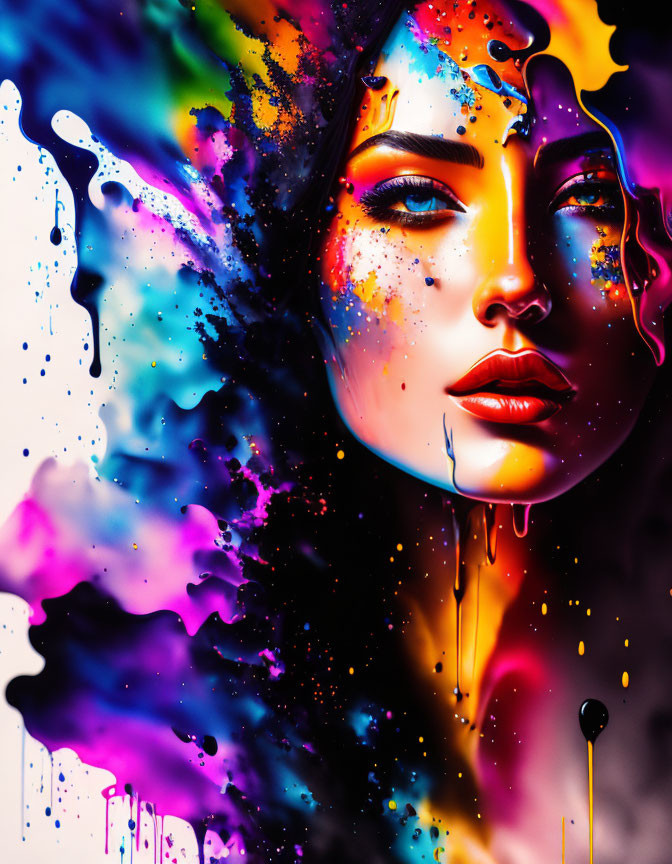 Colorful Abstract Portrait of Woman with Paint Splashes and Drips