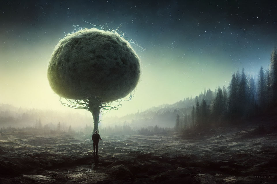 Enormous glowing dandelion-like tree in surreal starlit landscape