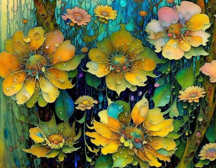 Colorful Floral Painting with Yellow and Blue Accents