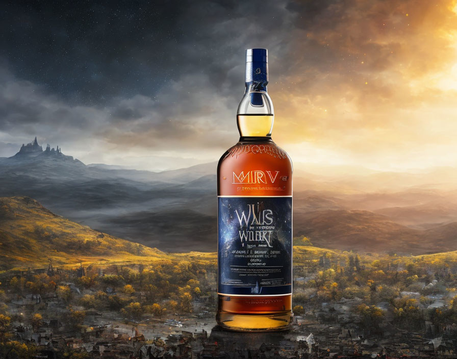 Whisky bottle against dramatic sky and mystical landscape