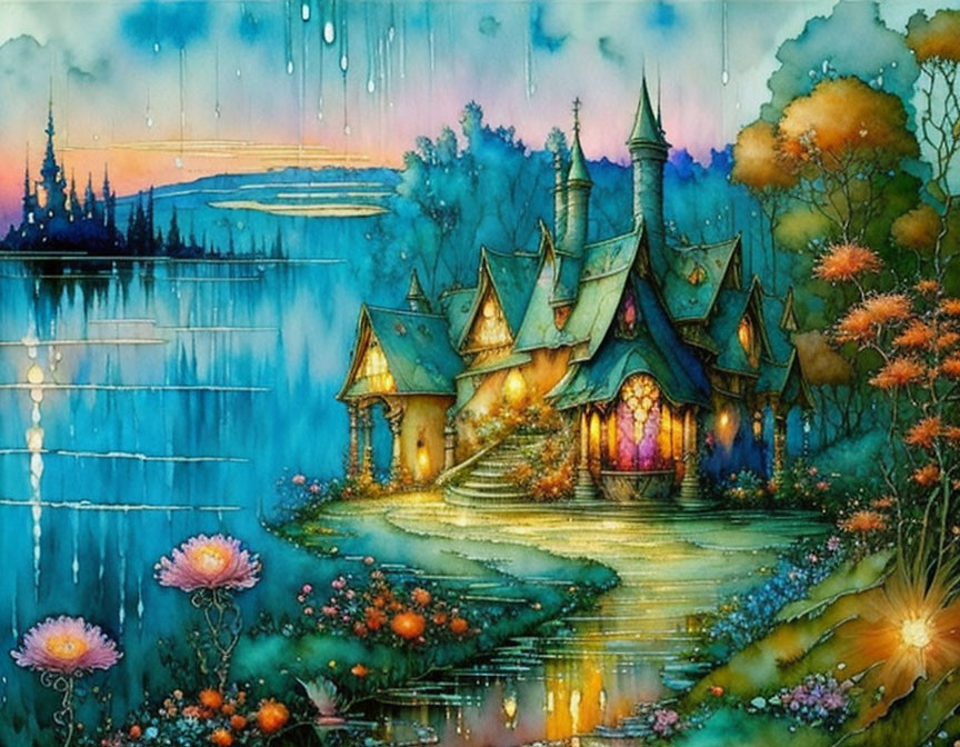 Fairytale cottage painting at twilight with vibrant flowers