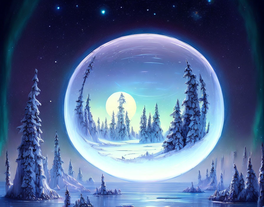 Snowy Trees and Full Moon in Nighttime Winter Landscape Bubble