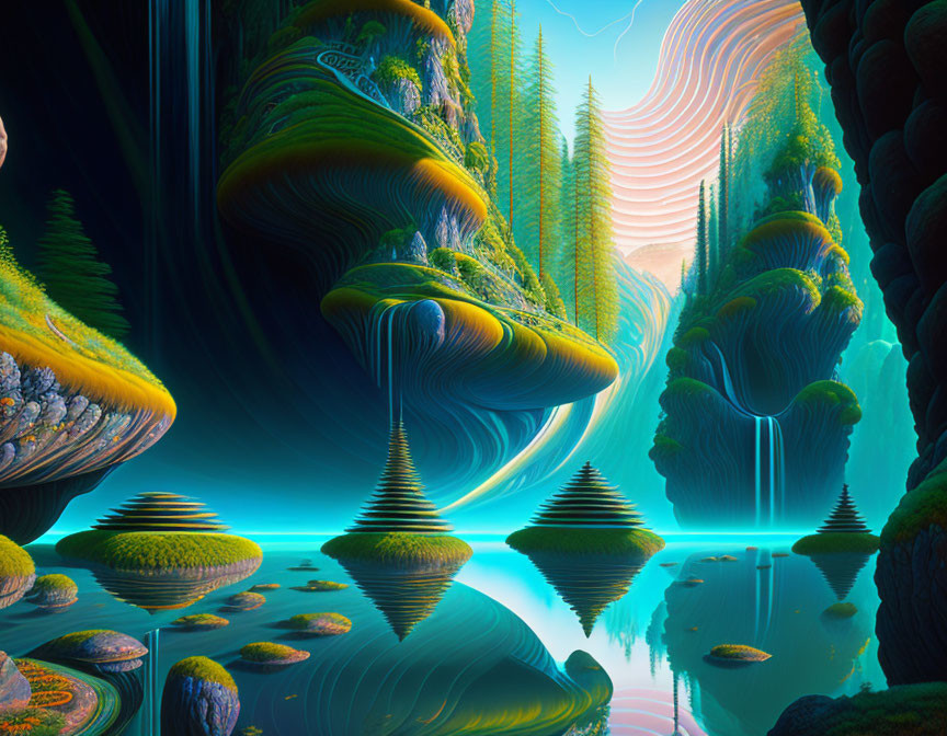 Vibrant surreal landscape: floating islands, twisted rocks, lush vegetation, waterfalls, serene water