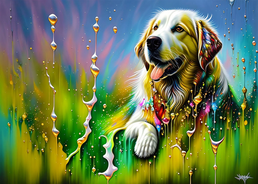 Colorful painting of a gleaming dog in whimsical rainbow backdrop