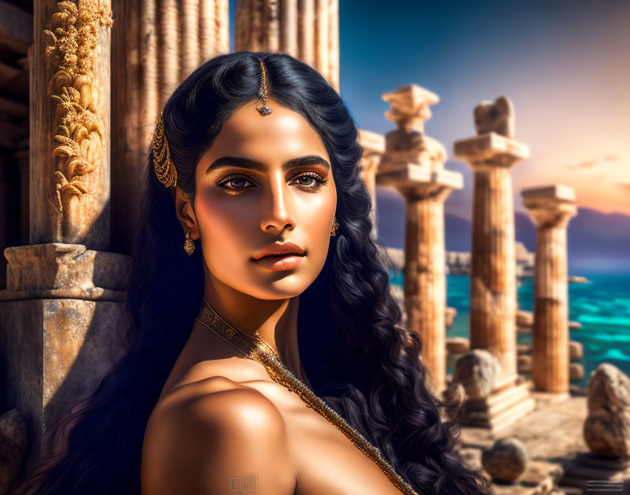 Illustration of woman with dark hair, Indian jewelry, ancient columns, and blue sea.