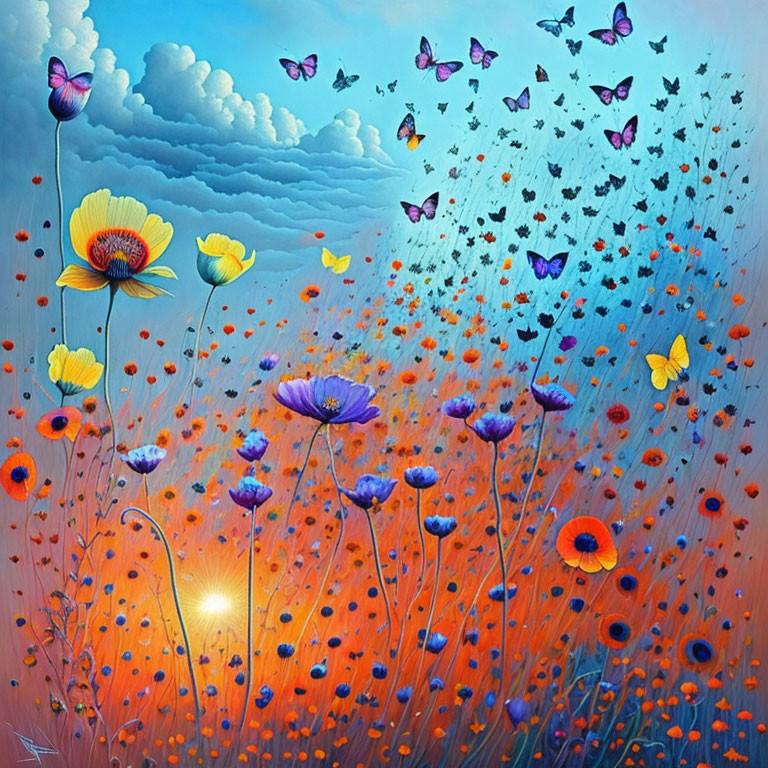 Colorful wildflower meadow painting with butterflies and blue sky