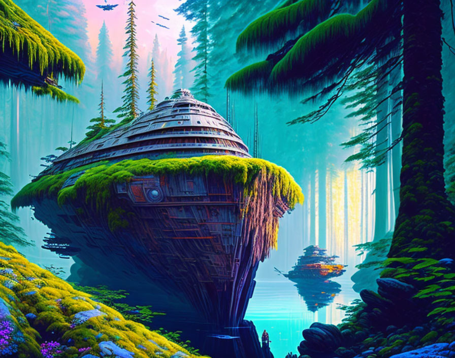 Vibrant forest scene with crashed spaceship and ethereal light