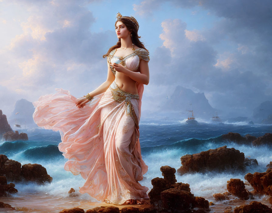 Graceful Woman in Pink Attire on Rocky Shore with Ships and Turbulent Seas