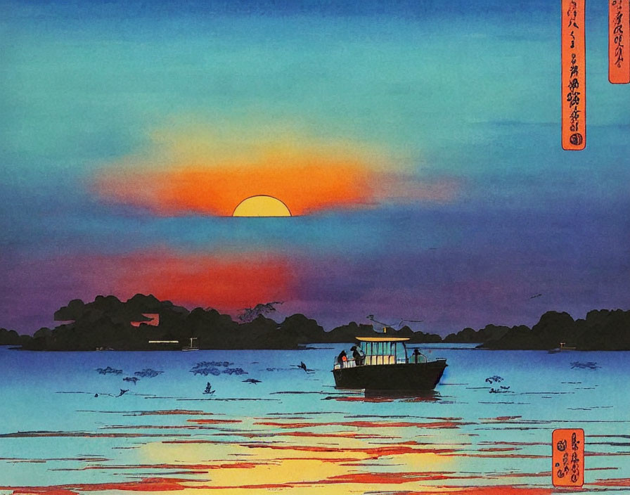 Japanese Woodblock Print: Vibrant Sunset Over Water