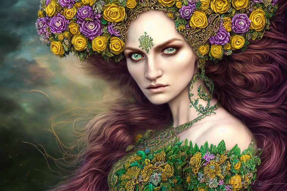 Woman with Floral Accessories and Mystical Aura in Digital Painting