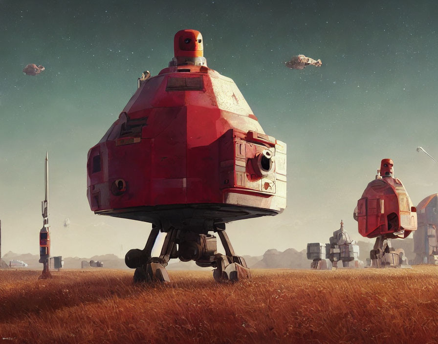 Sci-fi landscape with red robotic walkers and floating ships on barren, dusty terrain