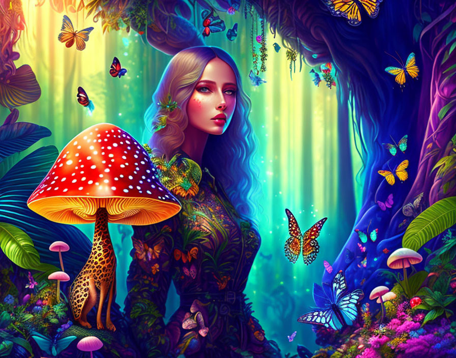 Woman with long hair in vibrant enchanted forest with red mushroom and butterflies.