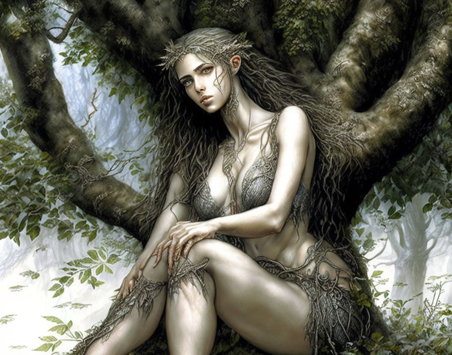 Ethereal female figure with intricate leaf patterns among gnarled tree roots