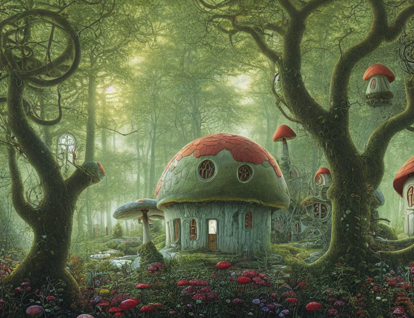 Whimsical mushroom houses in vibrant forest setting