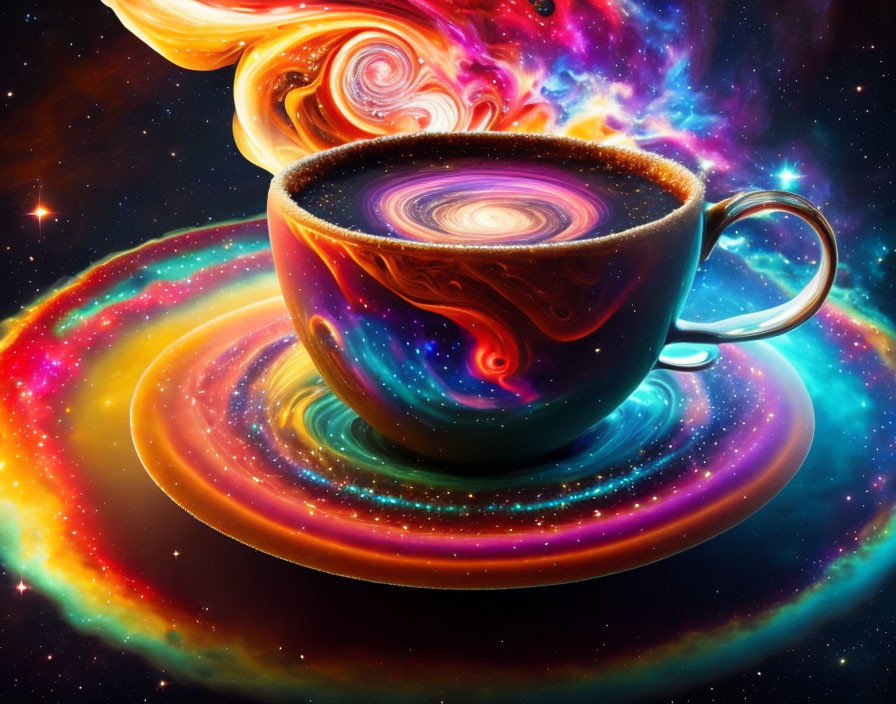 Coffee Cup and Saucer with Cosmic Galaxy Design on Starry Background