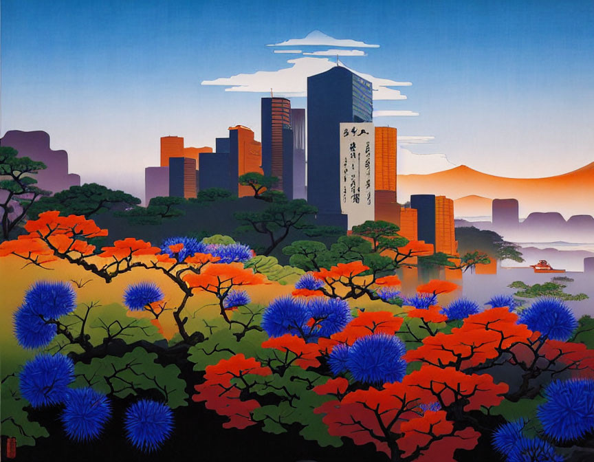 Colorful Artwork: Traditional & Modern Elements, Blue and Orange Flowers, City Skyline, Mountains