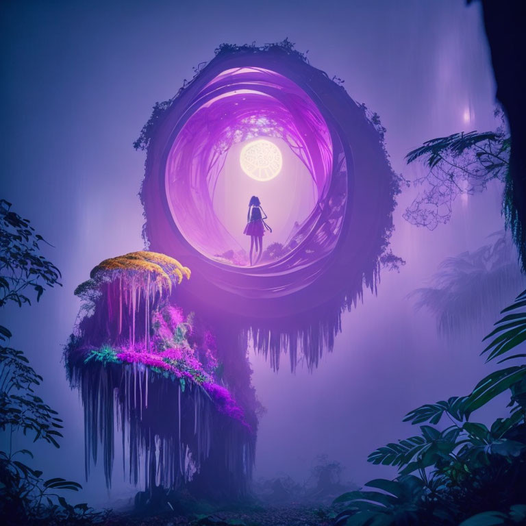 Person's silhouette at surreal purple tunnel entrance in misty forest under full moon