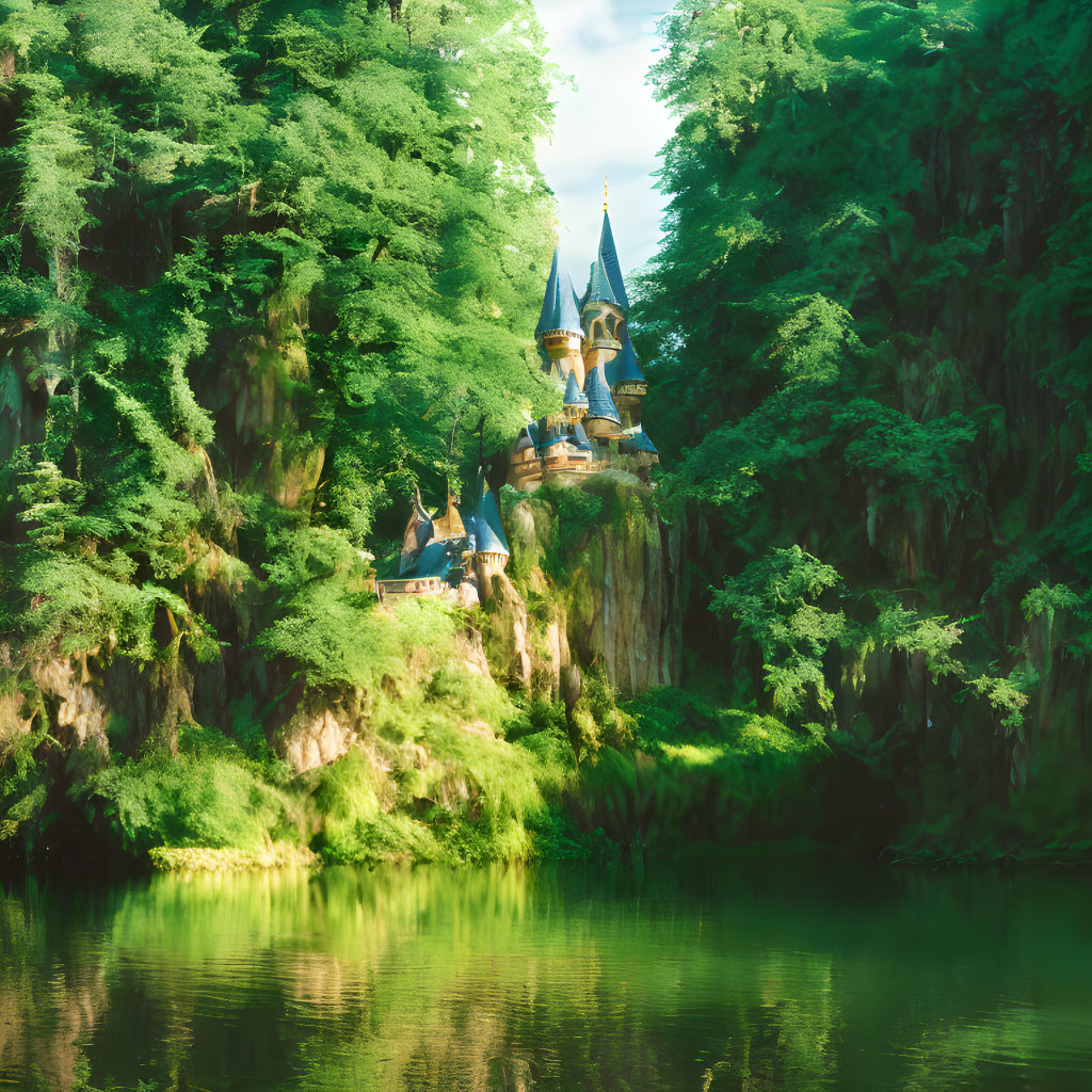 Fairytale castle with spires on lush cliff by serene lake