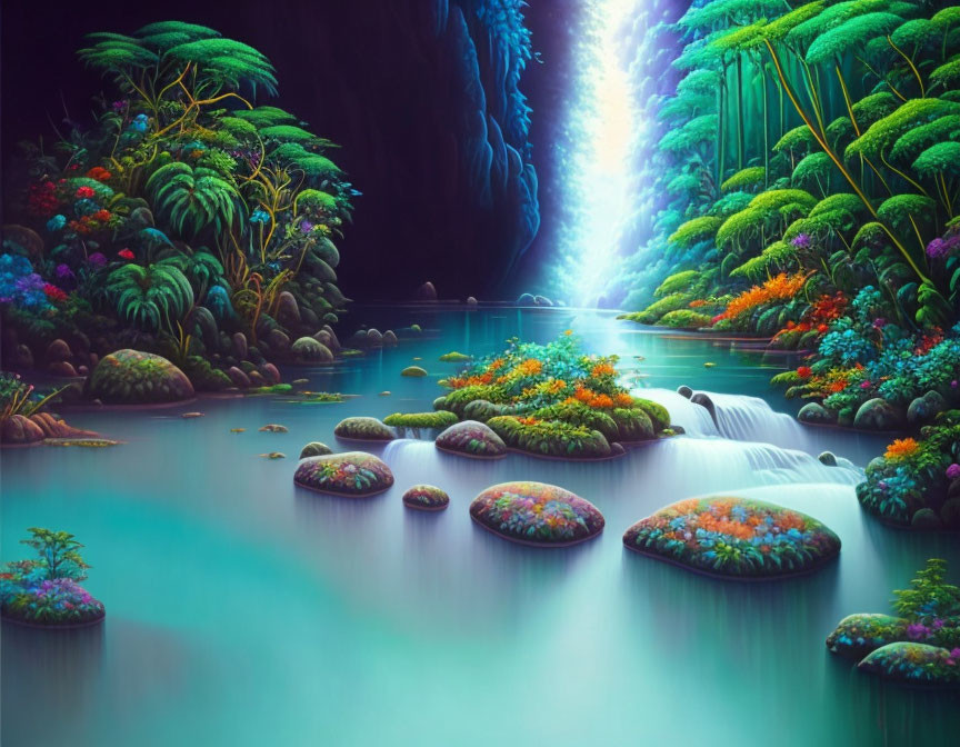 Tranquil fantasy landscape with waterfall, vibrant flora, and ethereal glow