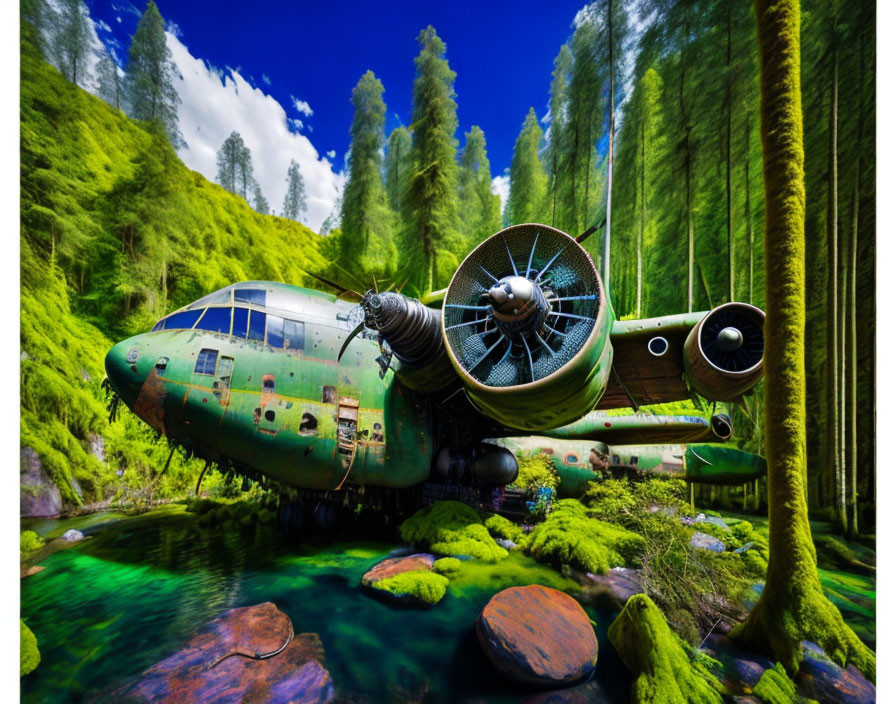 Abandoned airplane covered in moss amid lush forest clearing