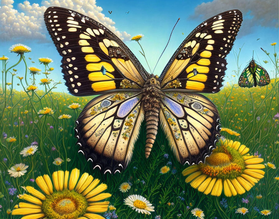 Colorful Butterfly Painting on Yellow Flower in Daisy Field