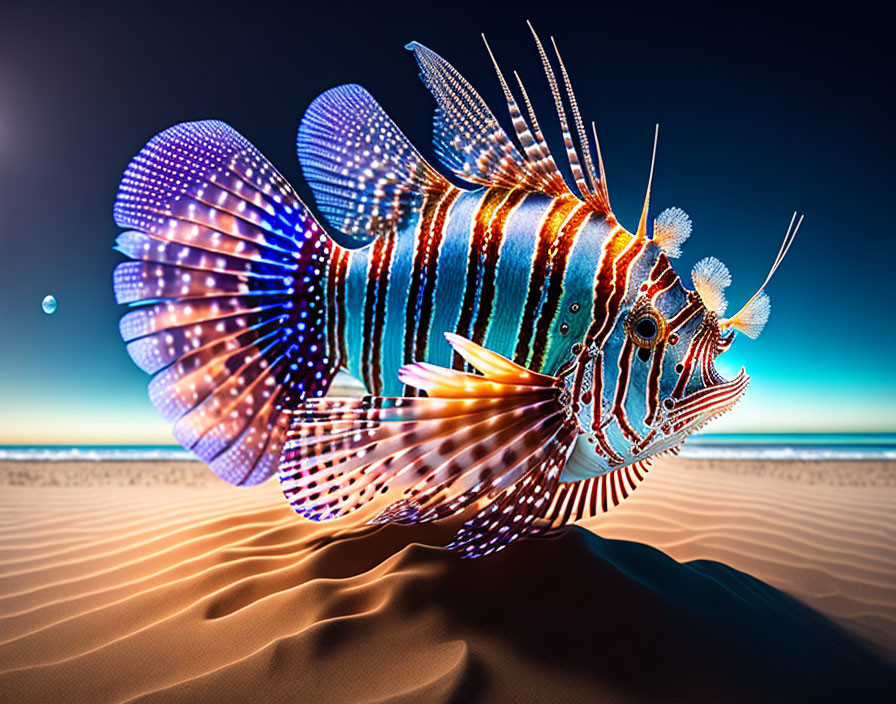 Colorful lionfish with intricate patterns and long fins in desert setting