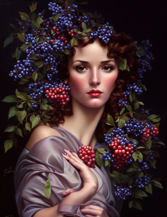 Portrait of Woman with Blue and Red Berry Wreath and Grey Dress