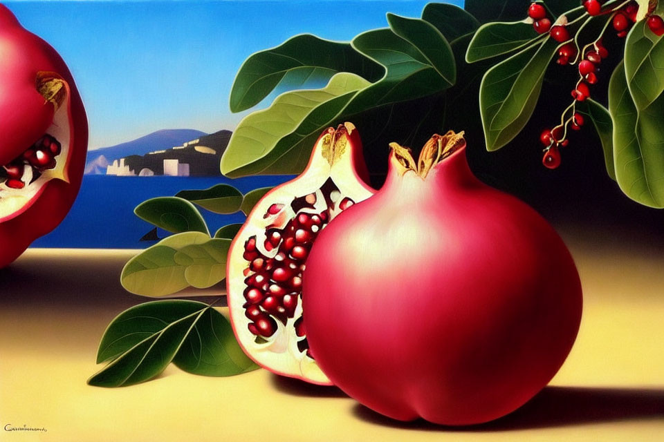 Realistic painting of ripe pomegranates with red seeds and leaves on a blue coastal backdrop