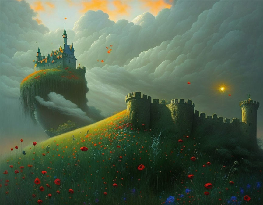 Fantastical landscape with floating island, castle, fortress, greenery, flowers, cloudy sky