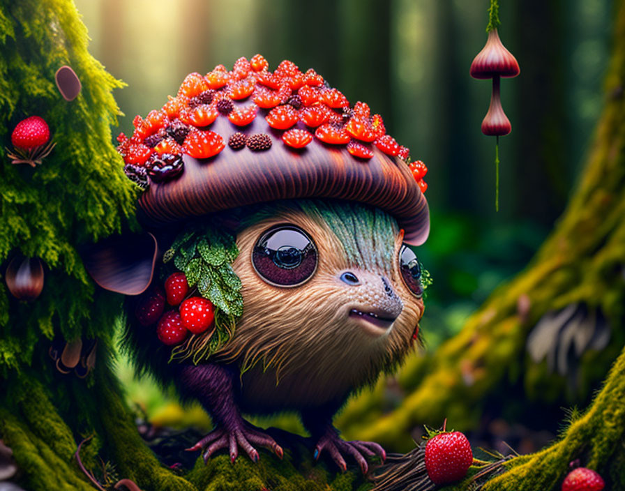 Fantastical creature with large eyes in enchanted forest