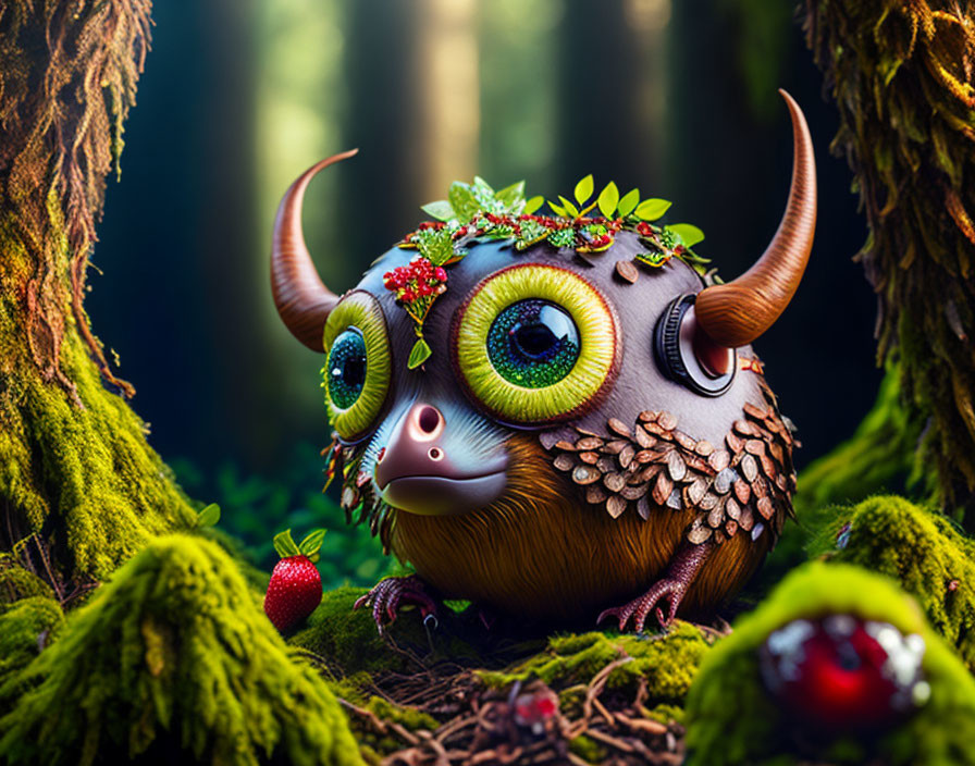 Whimsical creature with large eyes, horns, and leaf-like scales in enchanted forest.