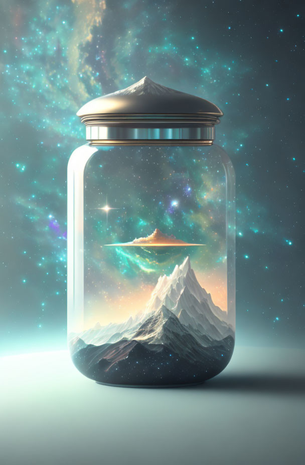 Surreal glass jar with snowy mountain peak under cosmic sky