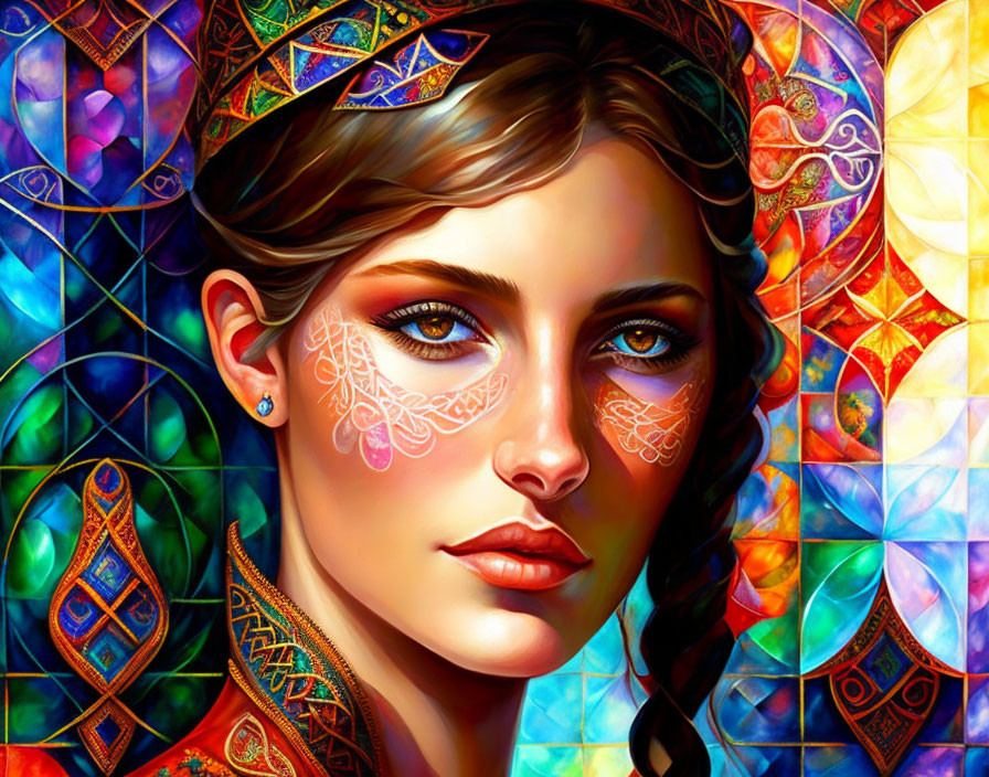 Colorful digital portrait of woman with face markings in front of stained glass background