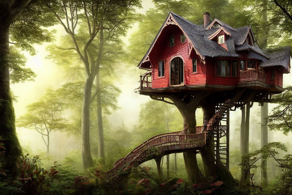 Red multi-story treehouse in lush forest with wooden staircase